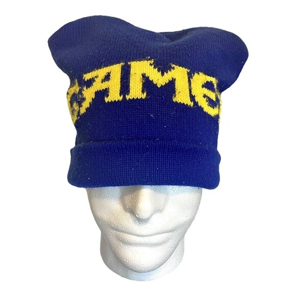 Vintage Camel Cigarettes Hat Winter Knit Stocking Cap Beanie Blue Yellow Logo - Picture 1 of 2